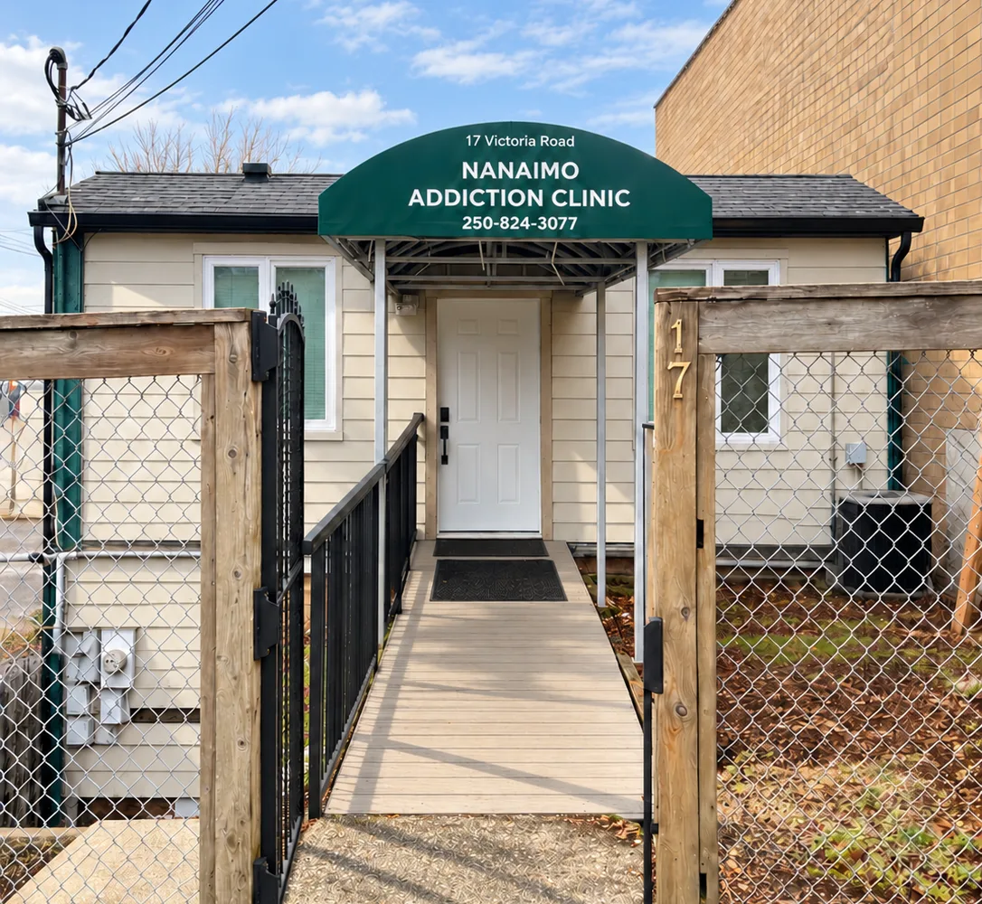 The front entrance of Nanaimo Addiction Clinic at 17 Victoria Road, with a ramp leading up to the door